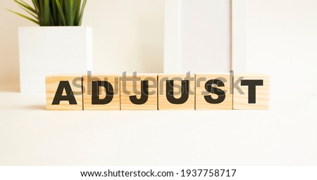 Wooden cubes with letters on a white table. The word is ADJUST. White background with photo frame, house plant.