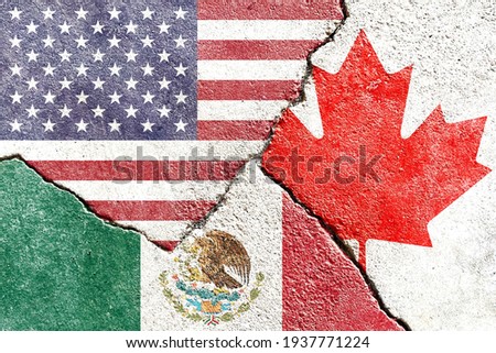 Grunge US (United States) VS Canada VS Mexico national flags icon on broken wall background, abstract US Canada Mexico politics economy relationship conflicts concept wallpaper
