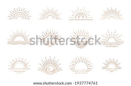 Boho sunrise logo, sun line art vector. Sunset stock vector logo design Royalty-Free Stock Photo #1937774761