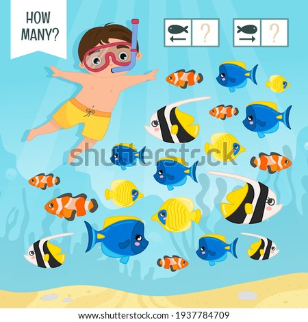 Counting educational children game, math kids activity sheet. How many fish swim left and right?
