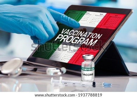 Professional working in calendar of vaccines plan for Mexico nation, Immunization concept. Working with tablet in the program of the vaccination schedule for Mexico. Photomontage with 3d illustration