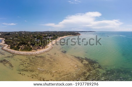An aerial shot of Mornington Peninsula and Blairgowrie Foreshore Reserve from Collins Settlement in Victoria, Australia