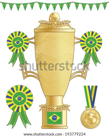 brazil football trophy, medal and rosette, isolated on white