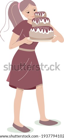 Young baker carrying big chocolate cake. Lifestyle and hobby. Illustration can be used for cafe menu and food design templates.