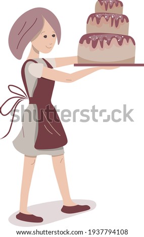 Young baker carrying big chocolate cake. Lifestyle and hobby. Illustration can be used for cafe menu and food design templates.