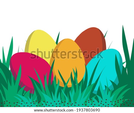 Easter card with colored eggs in green grass. Vector graphics.