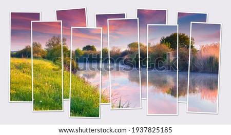 Isolated ten frames collage of picture of summer sunrise on calm river. Fantastic mornig scene of fresh green shore of river. Mock-up of modular photo.

