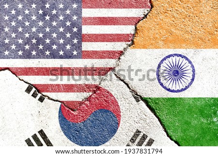 USA VS India VS South Korea national flags icon on broken weathered cracked wall background, abstract international country political economic relationship conflicts concept pattern texture wallpaper