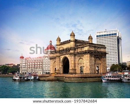 Gateway of India, famous hotel Mumbai Maharashtra monument landmark famous place  magnificent view without people with copy space for advertising Mumbai city Royalty-Free Stock Photo #1937842684