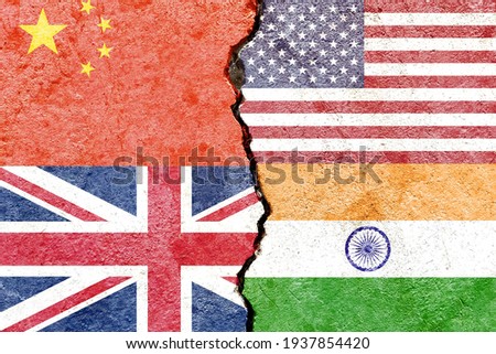 China VS USA VS UK VS India national flags icon on broken cracked wall background, abstract international political relationship partnership friendship conflicts concept pattern texture wallpaper