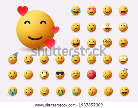 Big set of emoticon smile icons. Cartoon emoji set. 3D Web Vector Illustrations.  Royalty-Free Stock Photo #1937857309