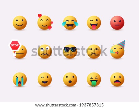 Big set of emoticon smile icons. Cartoon emoji set. 3D Web Vector Illustrations.  Royalty-Free Stock Photo #1937857315