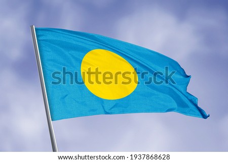 Palau flag isolated on sky background. close up waving flag of Palau. flag symbols of Palau.