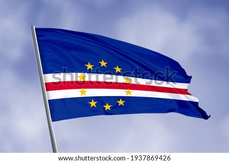 Cape Verde flag isolated on sky background. close up waving flag of Cape Verde. flag symbols of Cape Verde.