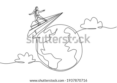 Single one line drawing young smart business man flying with paper airplane around the world. Business trip metaphor concept. Modern continuous line draw. Minimal design graphic vector illustration