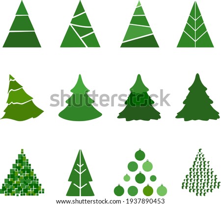Vector set of cartoon Christmas trees, pines for greeting card, invitation, banner, web, print, poster, textile. New Years and xmas traditional symbol tree. Winter holiday. Icons collection. Green.