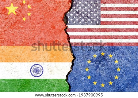 China VS USA VS India VS EU national flags icon isolated on weathered cracked wall background, abstract China US India EU world politics relationship friendship partnership conflicts concept wallpaper