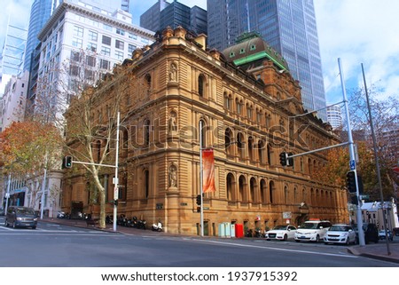 Streetscape with the historic sandstone building being the former Chief Secretary's Office and now the Industrial Relations Commission NSW and Industrial Relations Court NSW. 121 Macquarie Street Royalty-Free Stock Photo #1937915392