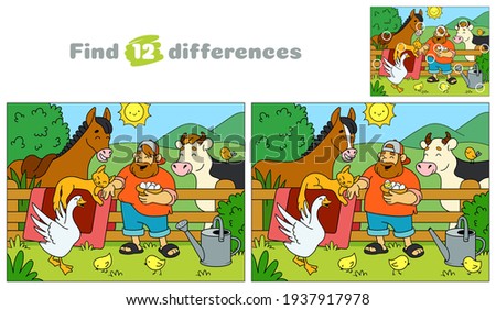 Funny farmer and his animals. A country man with a cow, a horse, a goose, chickens and a cat.  Find 12 differences. Educational game for children. Cartoon vector illustration. Royalty-Free Stock Photo #1937917978