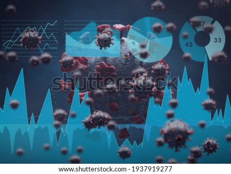 Composition of covid 19 cells with statistics recording. global coronavirus pandemic and health concept digitally generated image.