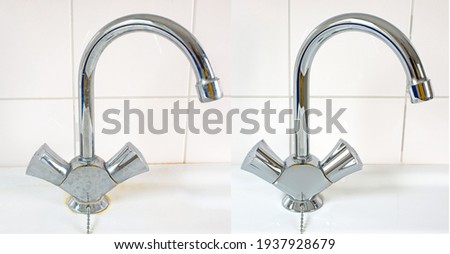Compare image before- after cleaning with special detergent of the dirty stainless faucet cover with dirty hard calcium water stain in the bathroom. Old dirty faucet with clean and shiny like new.  Royalty-Free Stock Photo #1937928679