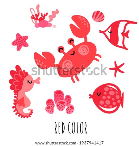A set of reds objects with marine inhabitants. Red crab, fish and seahorse with seaweed and starfish