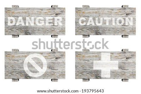 Old wooden signs set with word stamps isolated