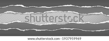 Torn, ripped grey and black paper strips with soft shadow are on squared background for text. Vector illustration Royalty-Free Stock Photo #1937959969