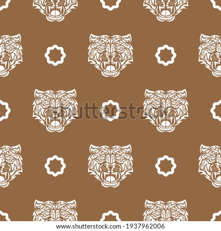 Seamless pattern with white tiger face in boho style. Polynesian style tiger face. Good for backgrounds, prints, apparel and textiles. Vector 