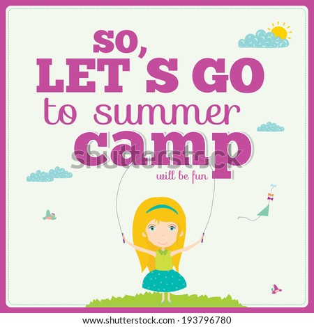 Vector illustration boys and girls in a funny and cartoon style design with place for text. Bright background with cute elements. Spring or summer season. Template for Travel and Camp.