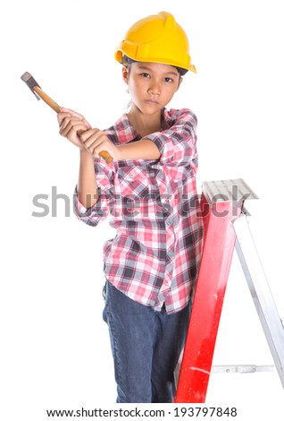 Young Asian Malay girl with a hard hat and a hammer on a ladder over white background