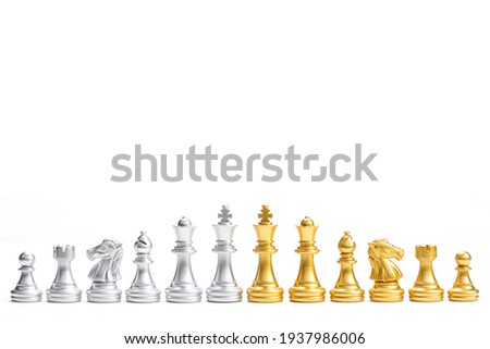 Gold and Silver chess pieces in six different types used on chessboard to play the game of chess. king, queen, bishop, knight, rook, pawn isolated on white background