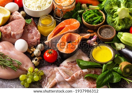Paleo diet concept. Raw foods high protein and low carbohydrate products, ingredients for healthy food.  Royalty-Free Stock Photo #1937986312