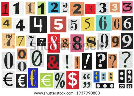 Ransom notes. Paper cut numbers and letters. Old newspaper magazine cutouts Royalty-Free Stock Photo #1937990800