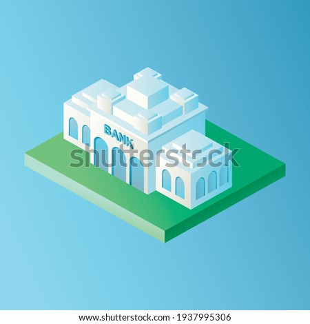 Vector isolated image in isometric style. Volumetric bank building, architecture and the concept of a modern city. Design decorative elements on the theme of modern life.