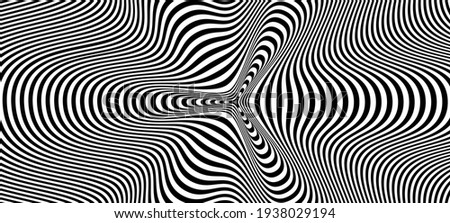 Abstract hypnotic pattern with black-white striped lines. Psychedelic background. Op art, optical illusion. Modern design, graphic texture. Royalty-Free Stock Photo #1938029194
