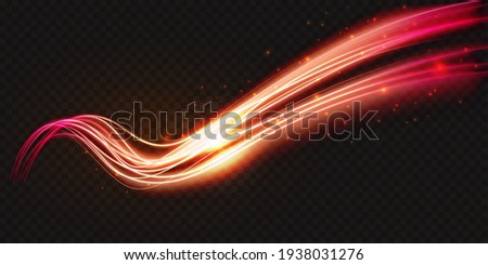 Luminous neon shape wave, abstract light effect vector illustration. Wavy glowing bright flowing curve lines, magic glow energy stream motion with particle isolated on transparent black background. Royalty-Free Stock Photo #1938031276