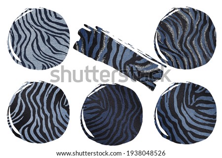 Shapes denim photo texture with zebra leather skin print. Clip art on white background