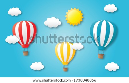 paper art travel with balloon flying background. vector illustration.
