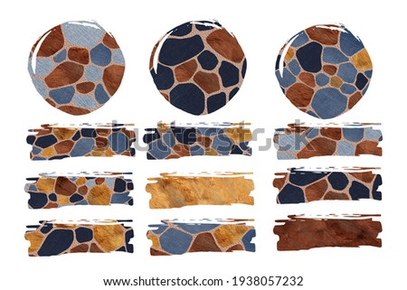Abstract shapes denim photo texture with fur and giraffe pattern . Clip art on white background