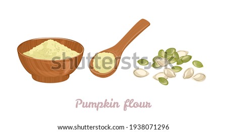 Pumpkin flour set. Seed, flour in wooden spoon and bowl isolated on white background. Vector illustration of healthy food in cartoon flat style.