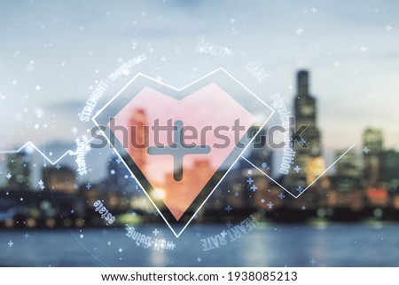 Abstract virtual heart pulse hologram on blurry skyscrapers background, online medical consulting concept. Multiexposure