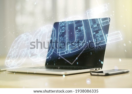 Creative Code word hologram on modern computer background, artificial intelligence and neural networks concept. Multiexposure