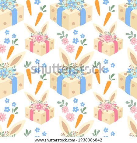 Easter seamless pattern with carrots, gifts, bunny ears and flowers, Cute hand drawn beautiful background, great for Easter wrapping paper, banner, textile, wallpaper - vector pastel design