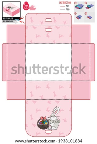 Easter pink box template. holiday basket and hare. picture doodle sketch