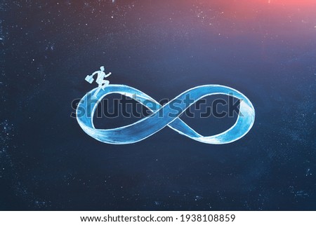 Business concept of repetitive work and burnout syndrome. A businessman running on infinity symbol in space. Nonstop hard work symbol Royalty-Free Stock Photo #1938108859