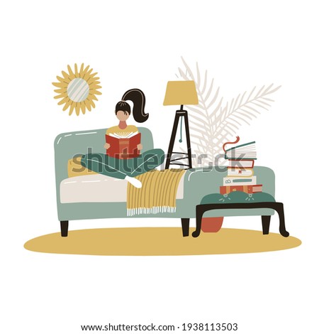 Young Woman reading book in bed. Relaxed girl comfortable sitting on bed with blanket and read. Scandinavian bedroom. Cozy modern home interior. Concept of homeward comfort. Flat vector illustration Royalty-Free Stock Photo #1938113503