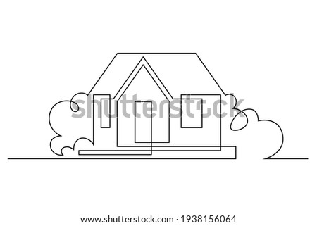 Simple country house surrounded by lush greenery in continuous line art drawing style. Suburban home minimalist black linear design isolated on white background. Vector illustration