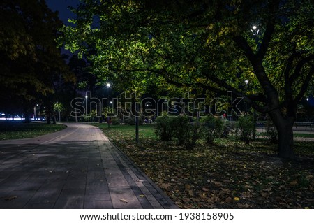 The teiled road in the night park with lanterns in autumn. Benches in the park during the autumn season at night. Illumination of a park road with lanterns at night. Park Kyoto