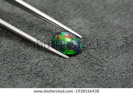 Natural Welo Ethiopian Opal gemstone. Treated, carbonated, darkened. Saturation enhanced. Reach, bright color flashes: red, neon green, blue. Oval loose cabochon in tweezers on gray leather background